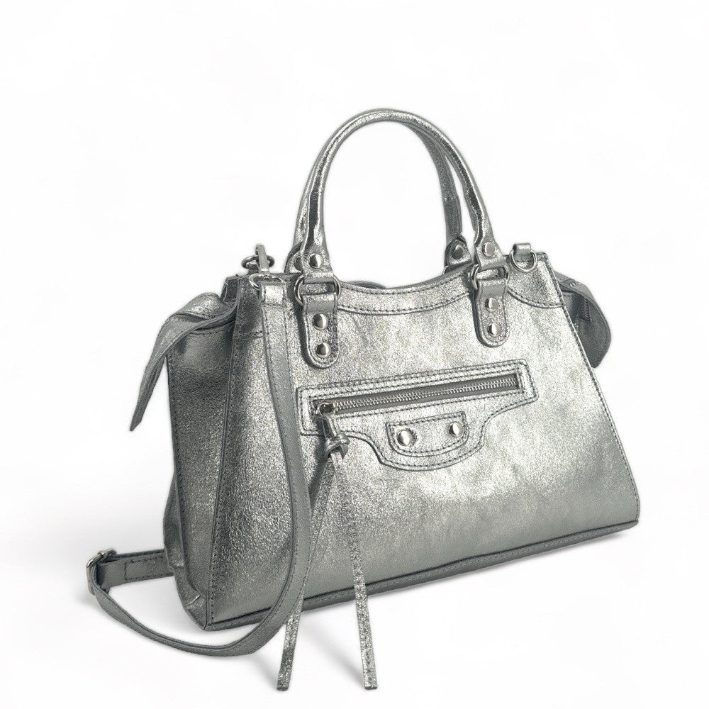 Sac à main en cuir irisé MERCREDI Argent moyen