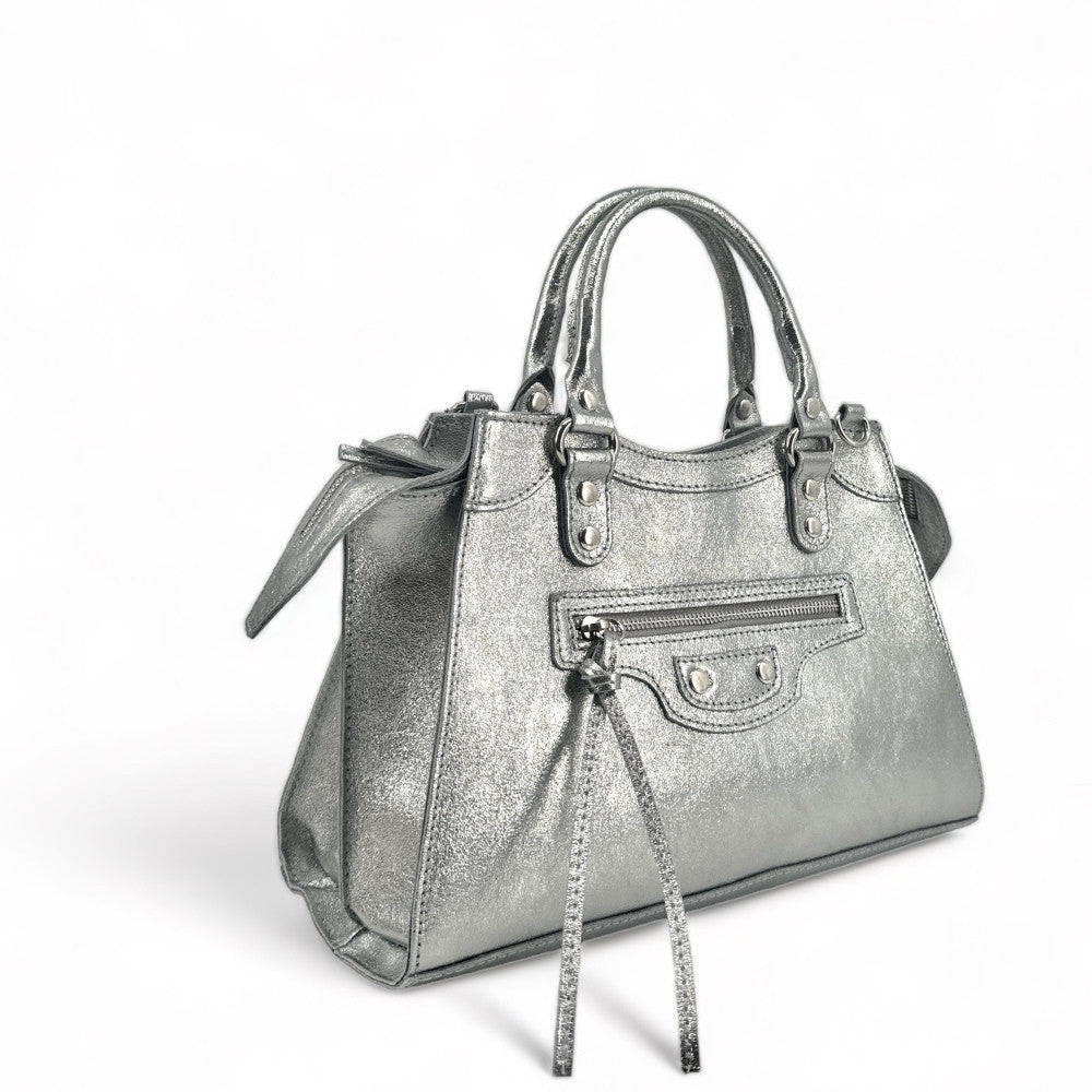 Sac à main en cuir irisé MERCREDI Argent moyen