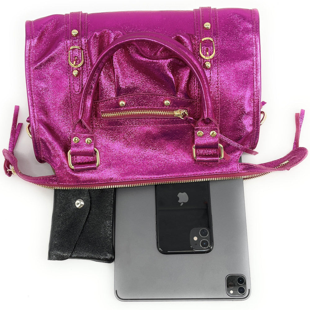 Sac à main en cuir irisé SANDSTORM GOLD (petit modèle) Fuchsia irisé