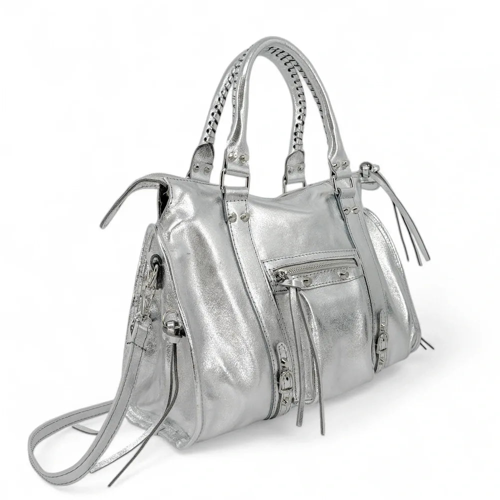 Sac à main en cuir irisé et clous argenté SANDSTORM SILVER Argent clair