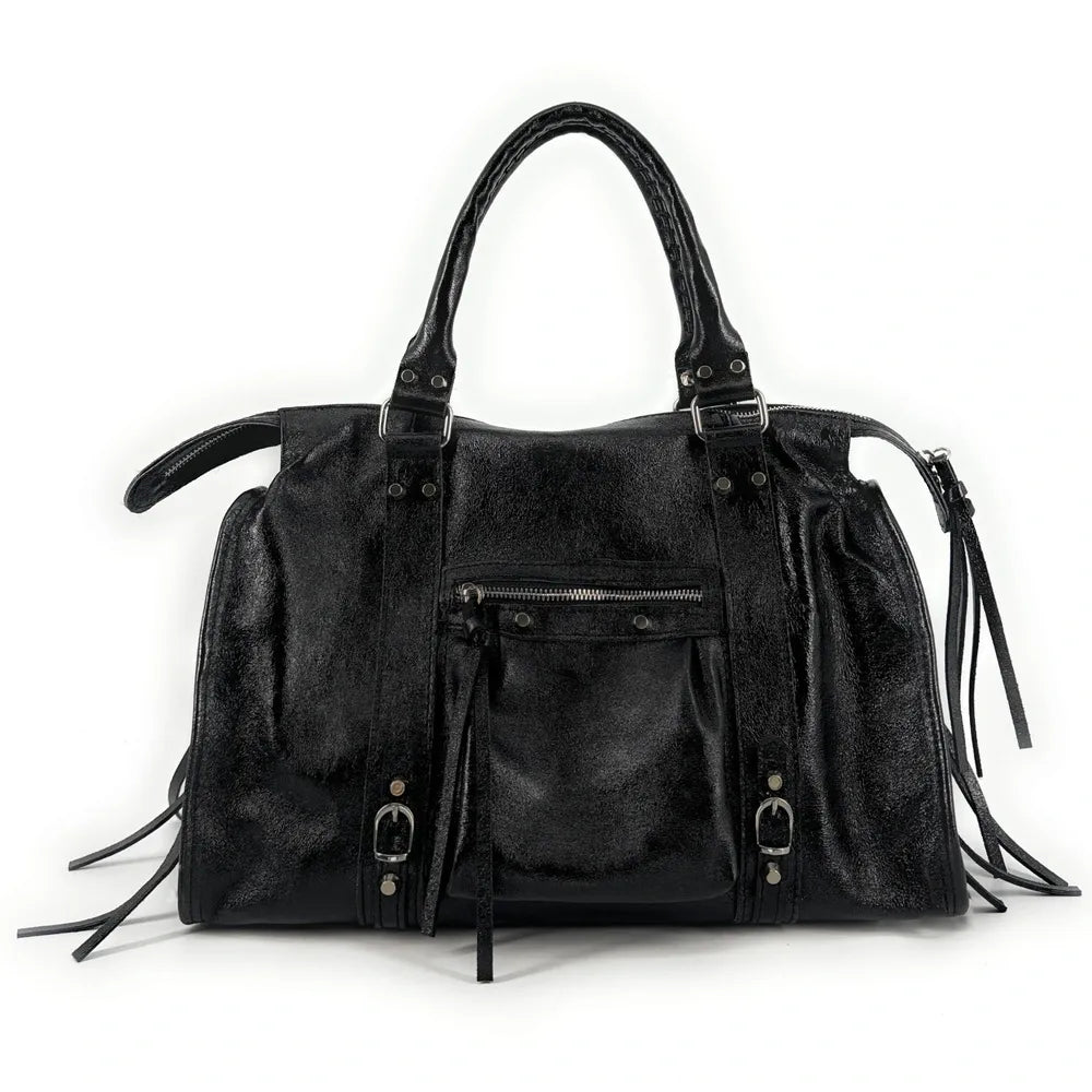 Sac à main en cuir irisé et clous argenté SANDSTORM SILVER Noir irisé