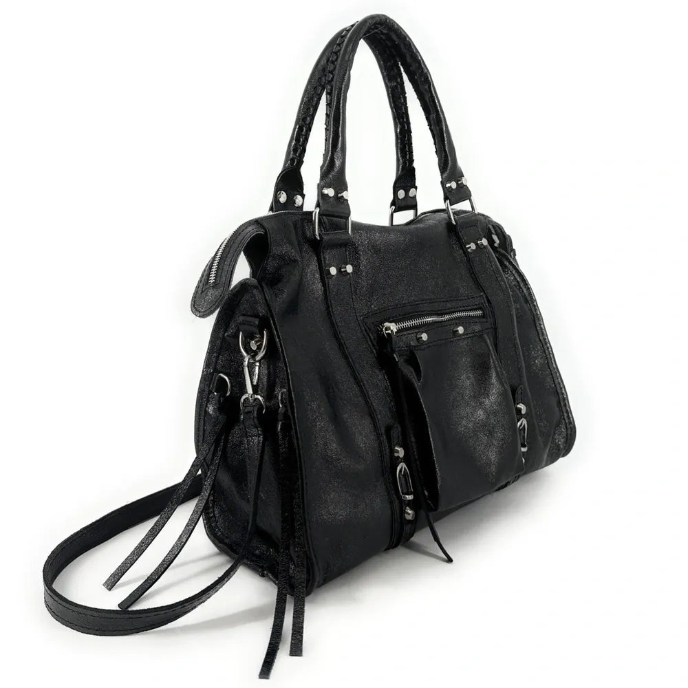 Sac à main en cuir irisé et clous argenté SANDSTORM SILVER Noir irisé