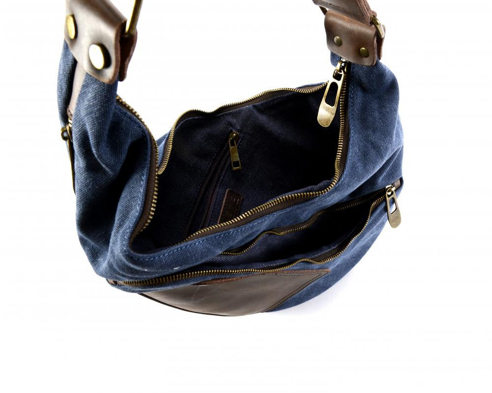 Sac besace holster en cuir italien et toile FEROE Bleu