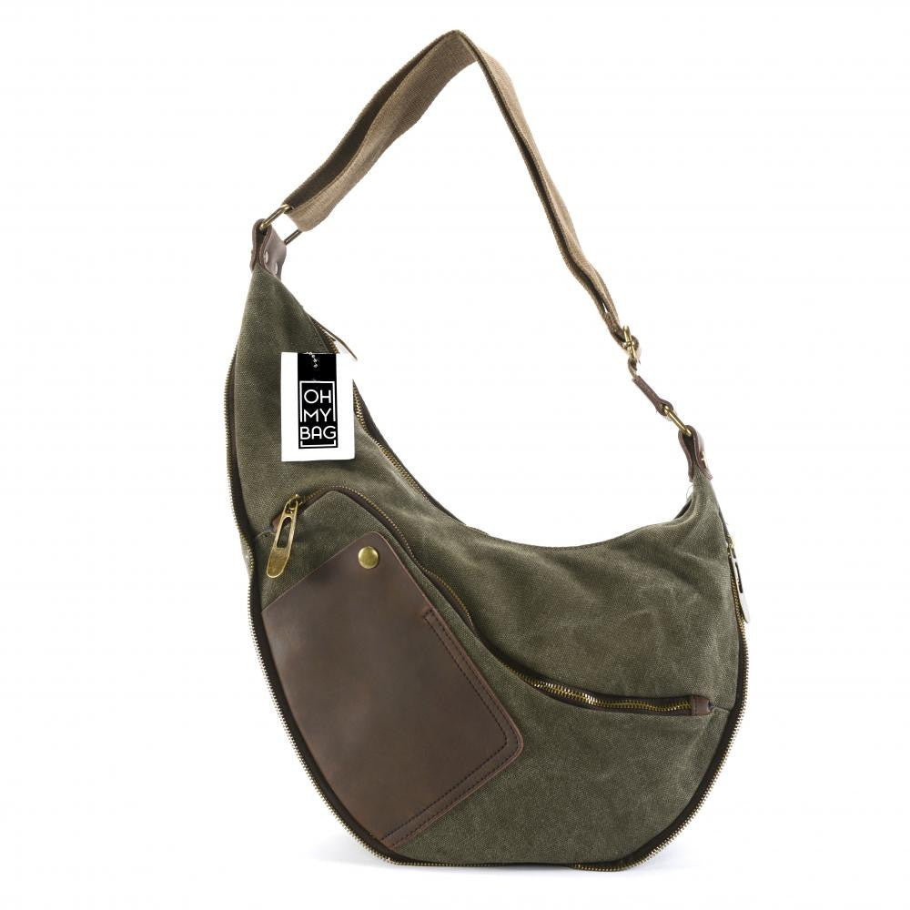 Sac besace holster en cuir italien et toile FEROE Vert olive