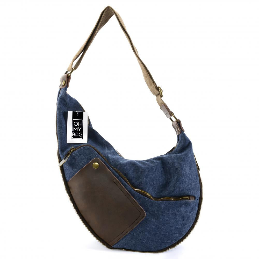 Sac besace holster en cuir italien et toile FEROE Bleu