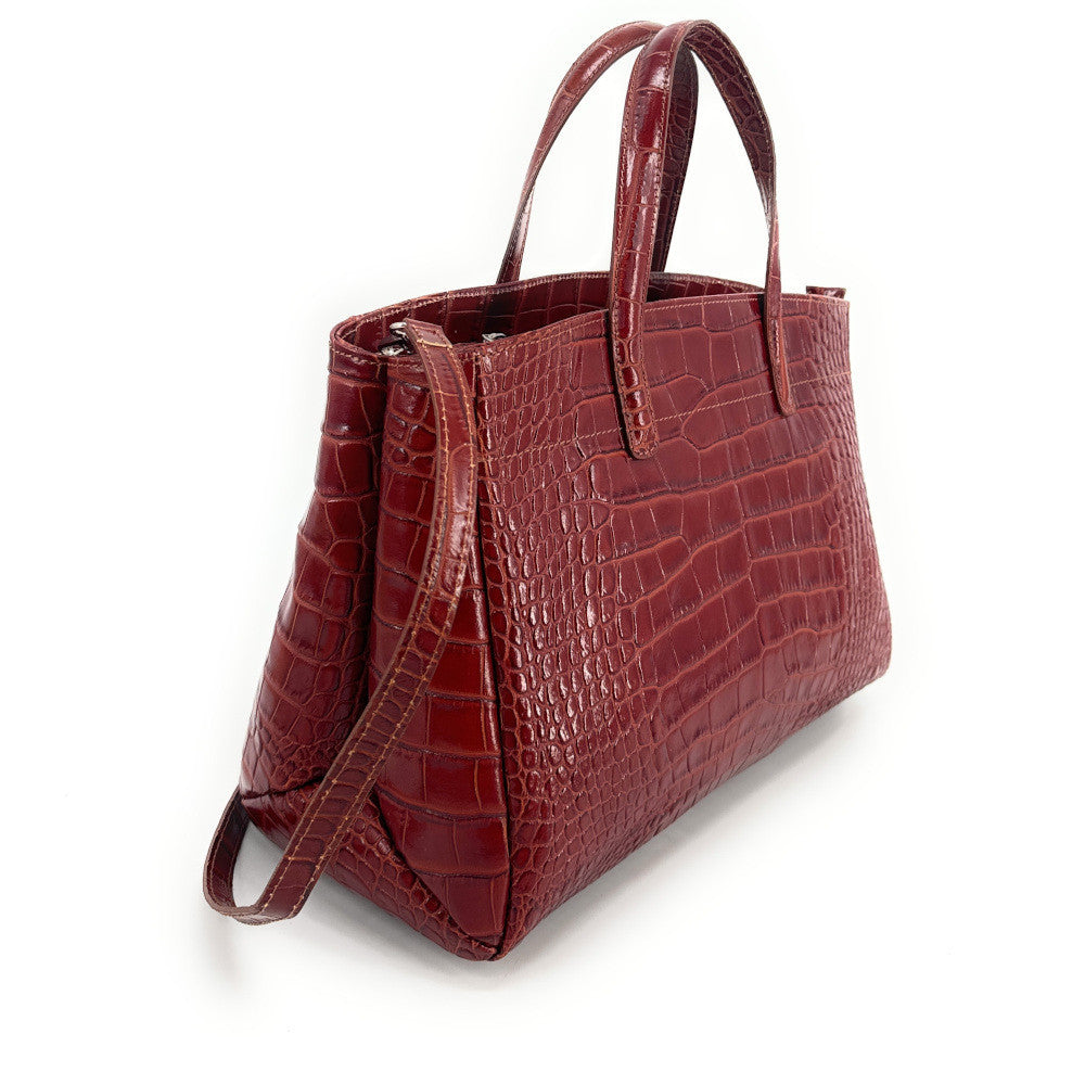 Sac cabas en cuir verni façon croco BE LADY Cognac foncé