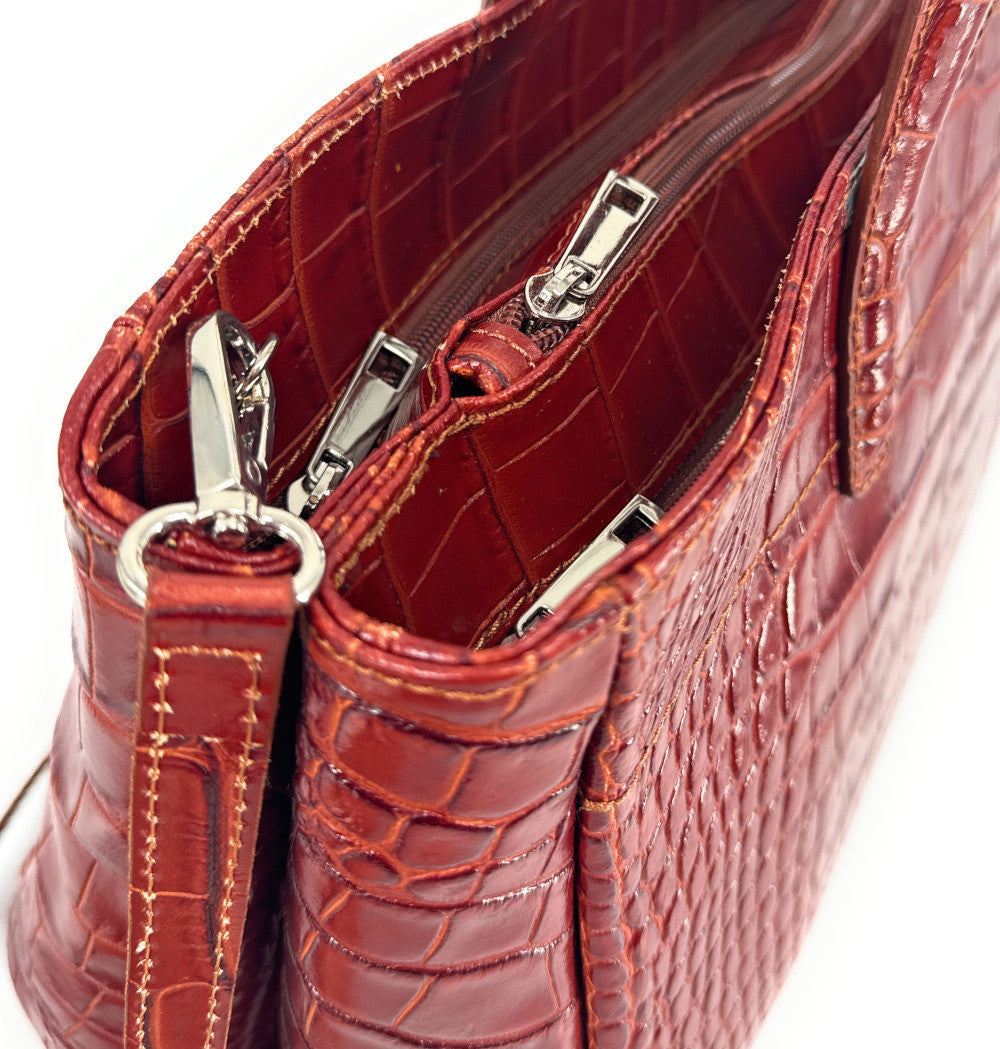 Sac cabas en cuir verni façon croco BE LADY Cognac foncé