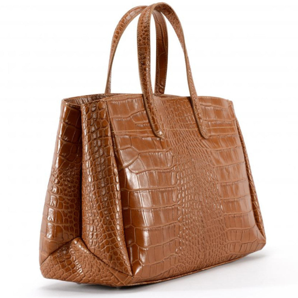 Sac cabas en cuir verni façon croco BE LADY Camel foncé