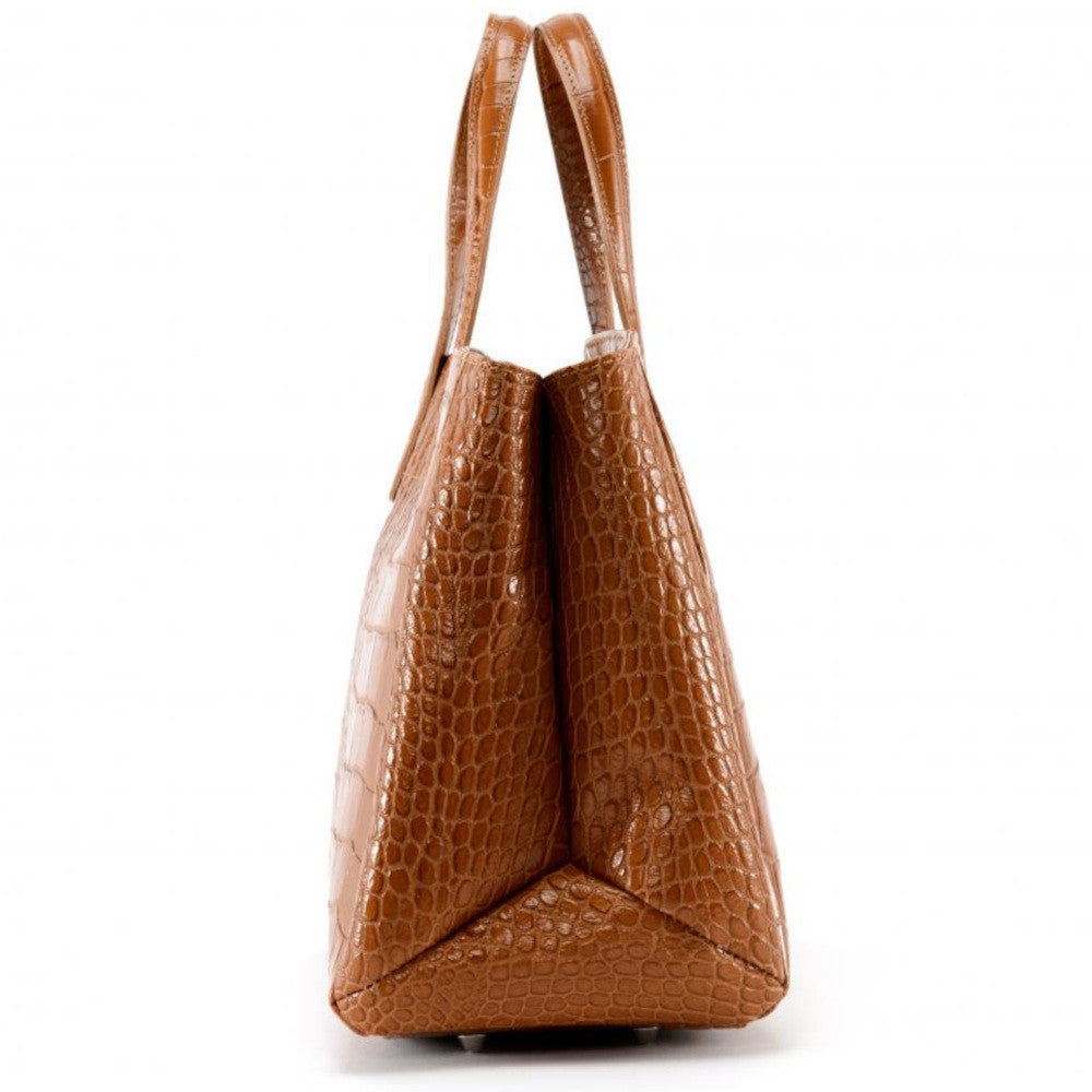Sac cabas en cuir verni façon croco BE LADY Camel foncé