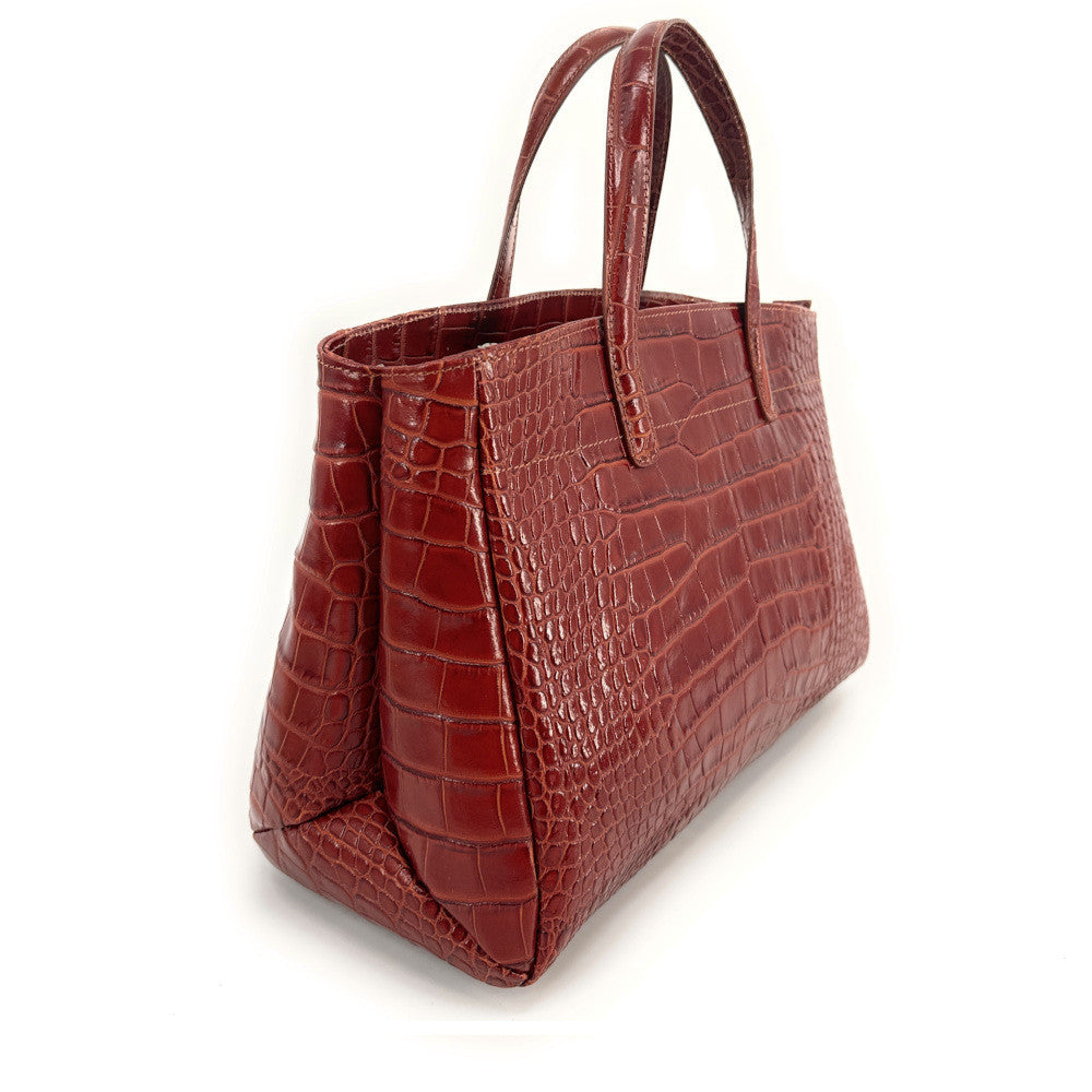Sac cabas en cuir verni façon croco BE LADY Cognac foncé