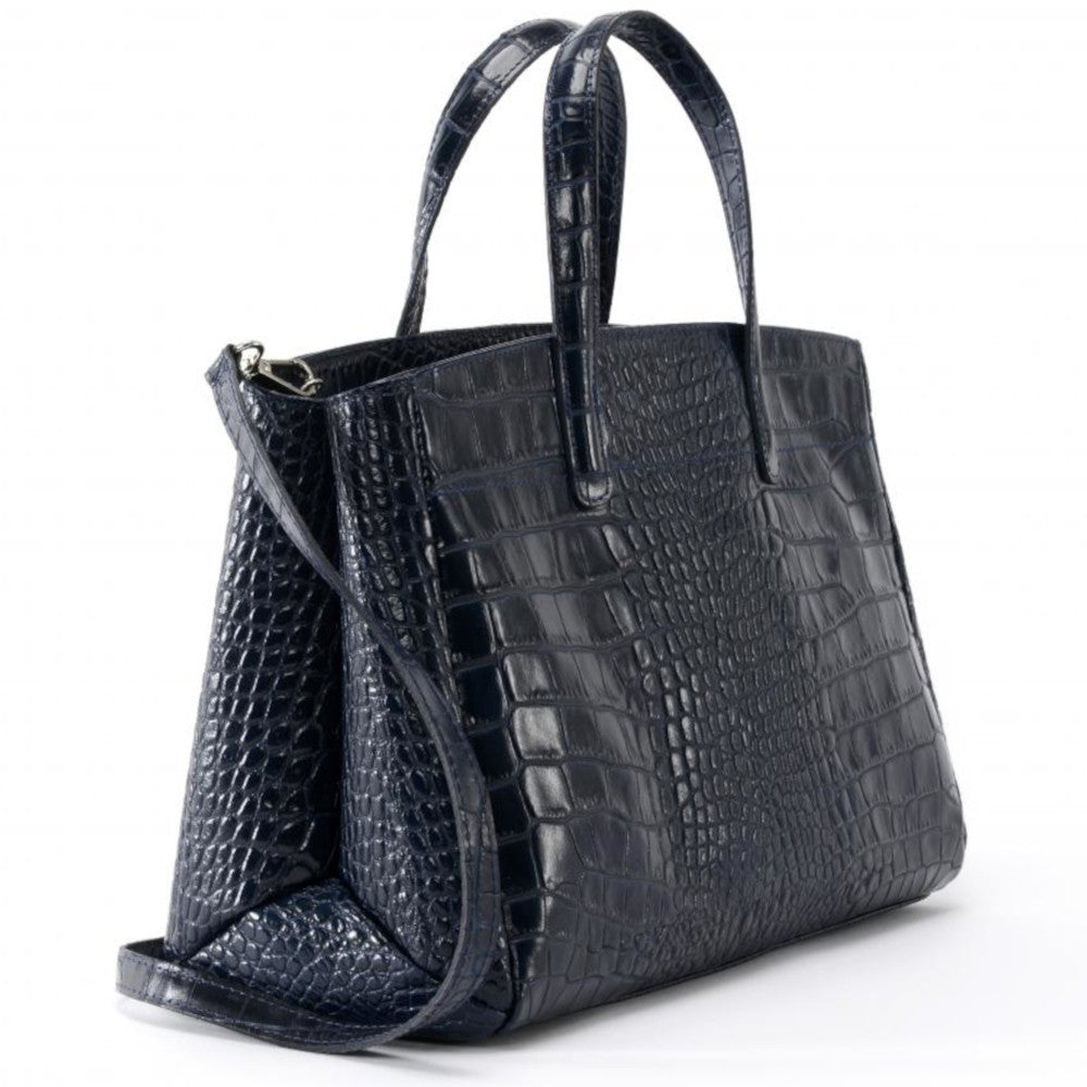 Sac cabas en cuir verni façon croco BE LADY Bleu marine