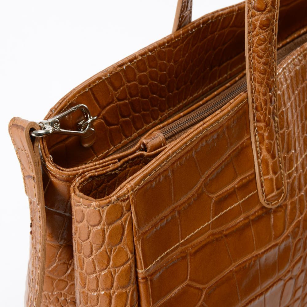 Sac cabas en cuir verni façon croco BE LADY Camel foncé