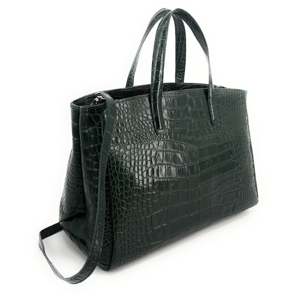 Sac cabas en cuir verni façon croco BE LADY Vert forêt