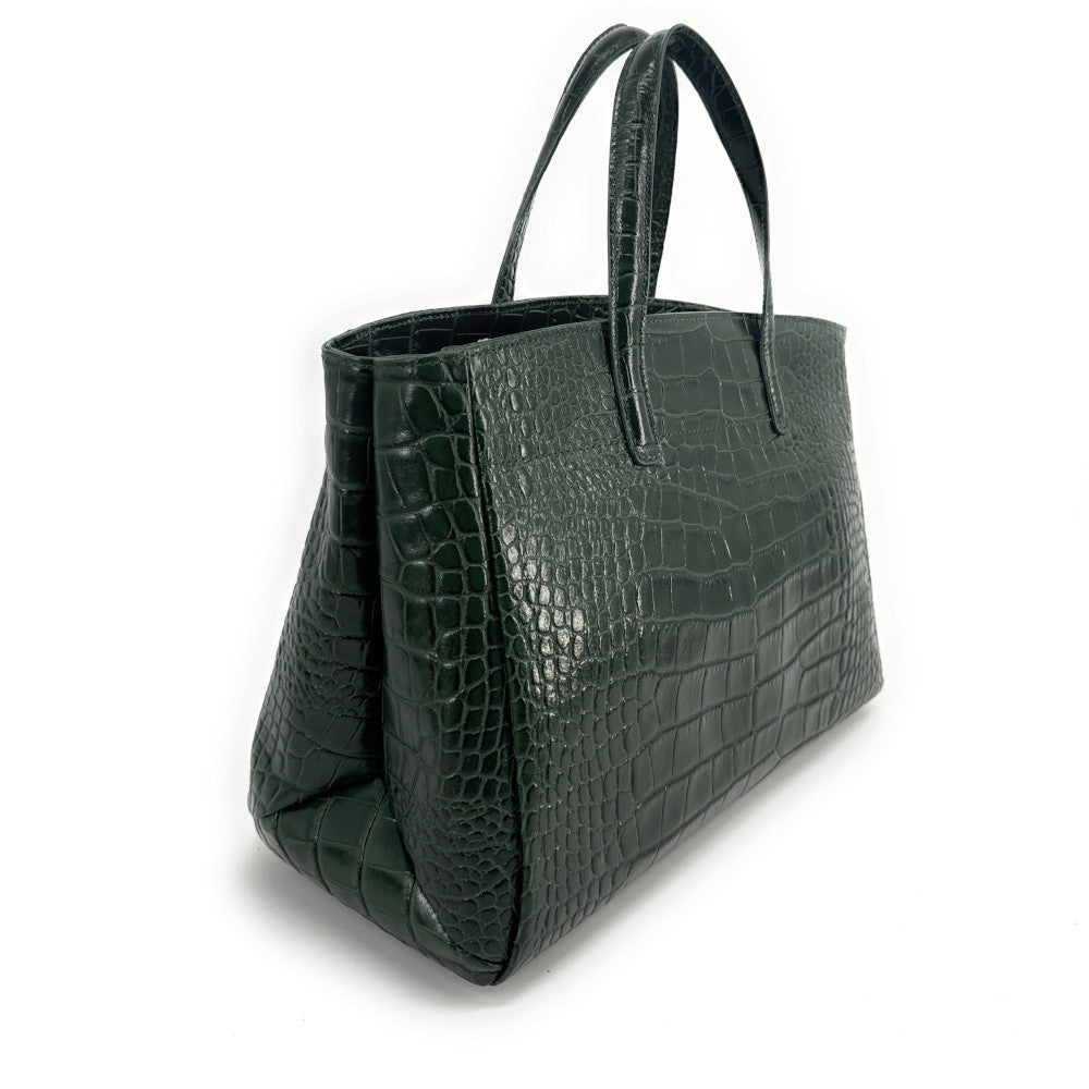 Sac cabas en cuir verni façon croco BE LADY Vert forêt