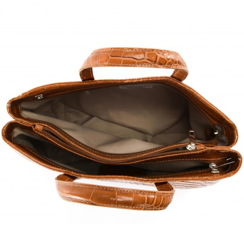 Sac cabas en cuir verni façon croco BE LADY Camel foncé