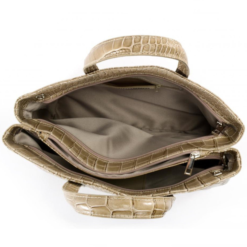 Sac cabas en cuir verni façon croco BE LADY Taupe clair