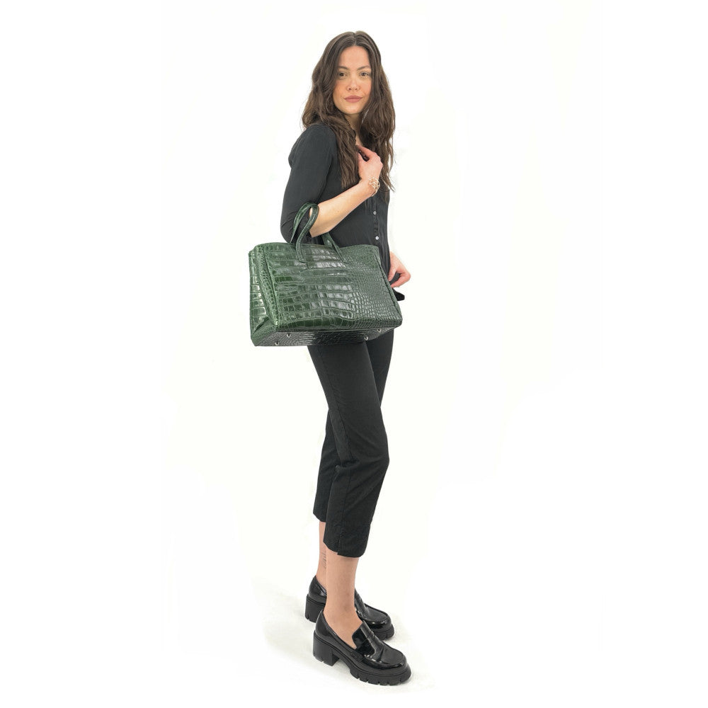 Sac cabas en cuir verni façon croco BE LADY Vert forêt
