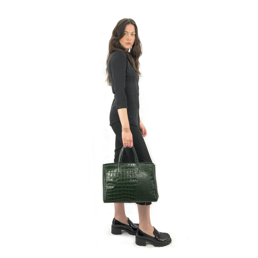 Sac cabas en cuir verni façon croco BE LADY Vert forêt