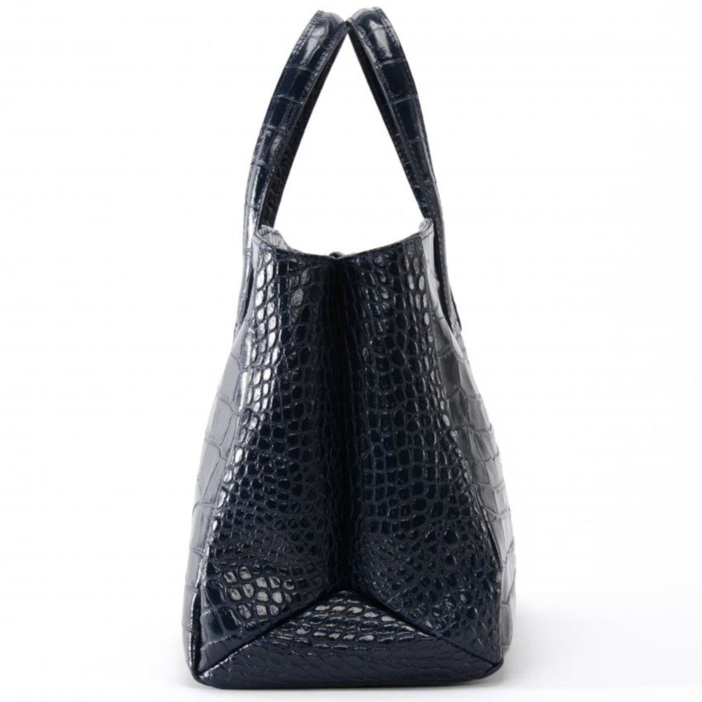 Sac cabas en cuir verni façon croco BE LADY Bleu marine