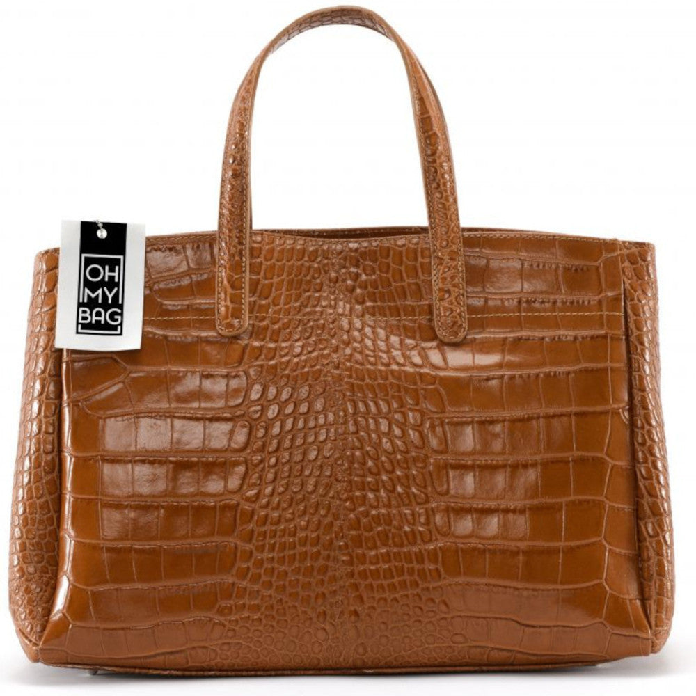 Sac cabas en cuir verni façon croco BE LADY Camel foncé