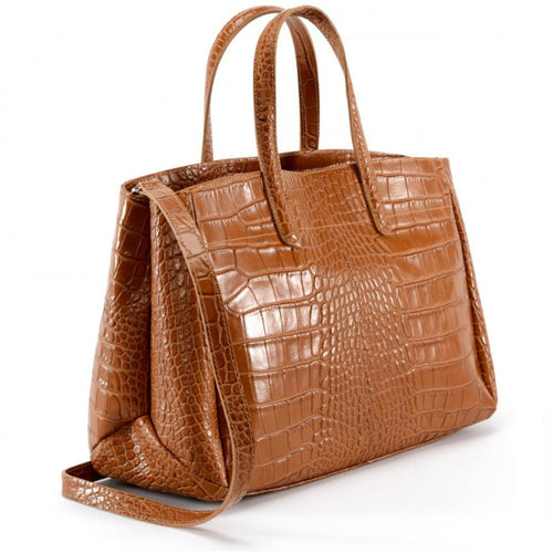 Sac cabas en cuir verni façon croco BE LADY Camel foncé
