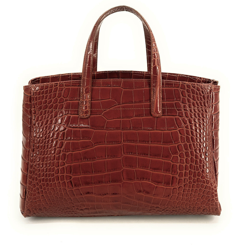 Sac cabas en cuir verni façon croco BE LADY Cognac foncé