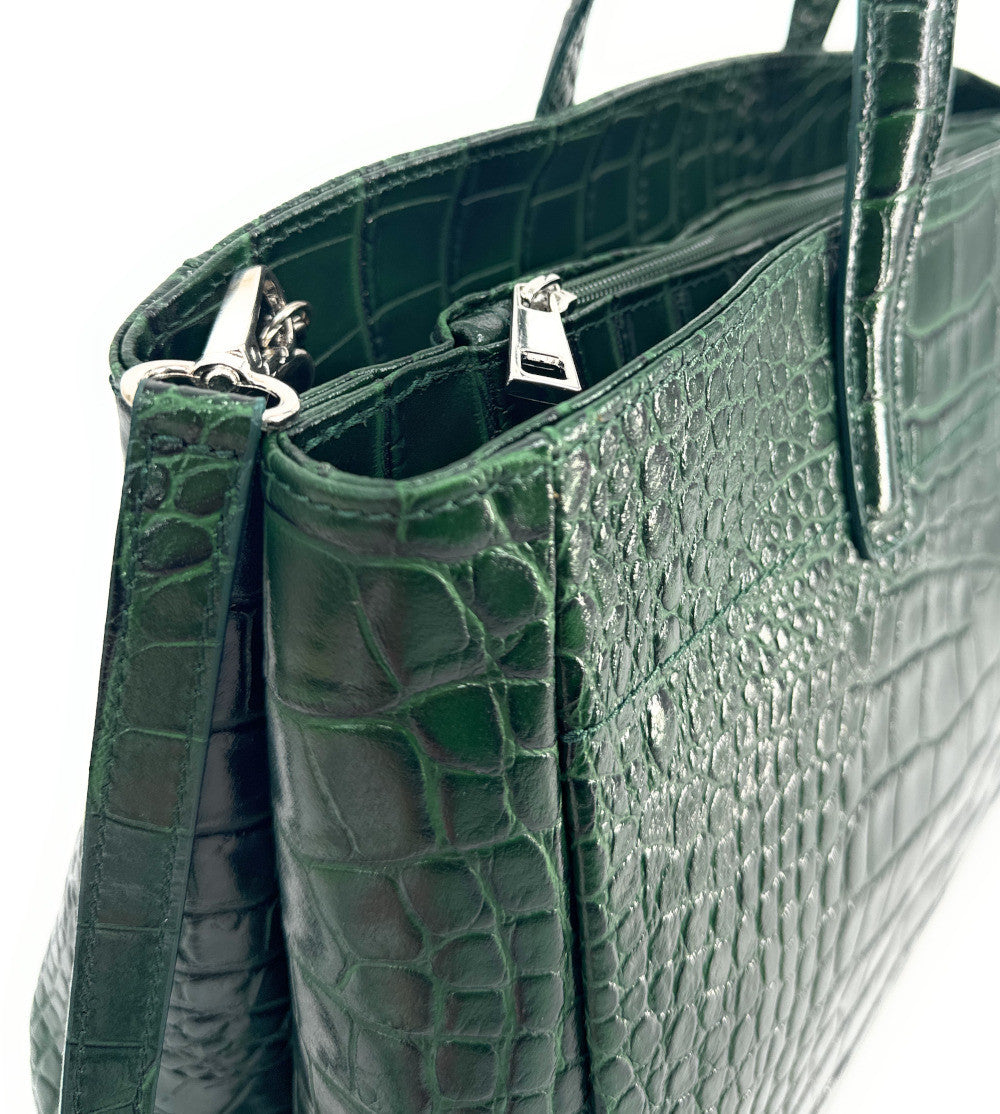 Sac cabas en cuir verni façon croco BE LADY Vert forêt