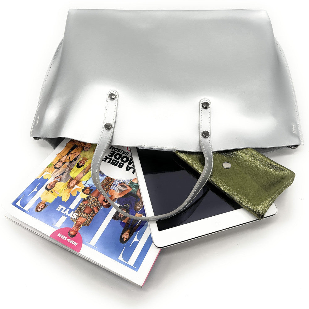 Grand sac à main en cuir glacé CHANTILLY Argent clair