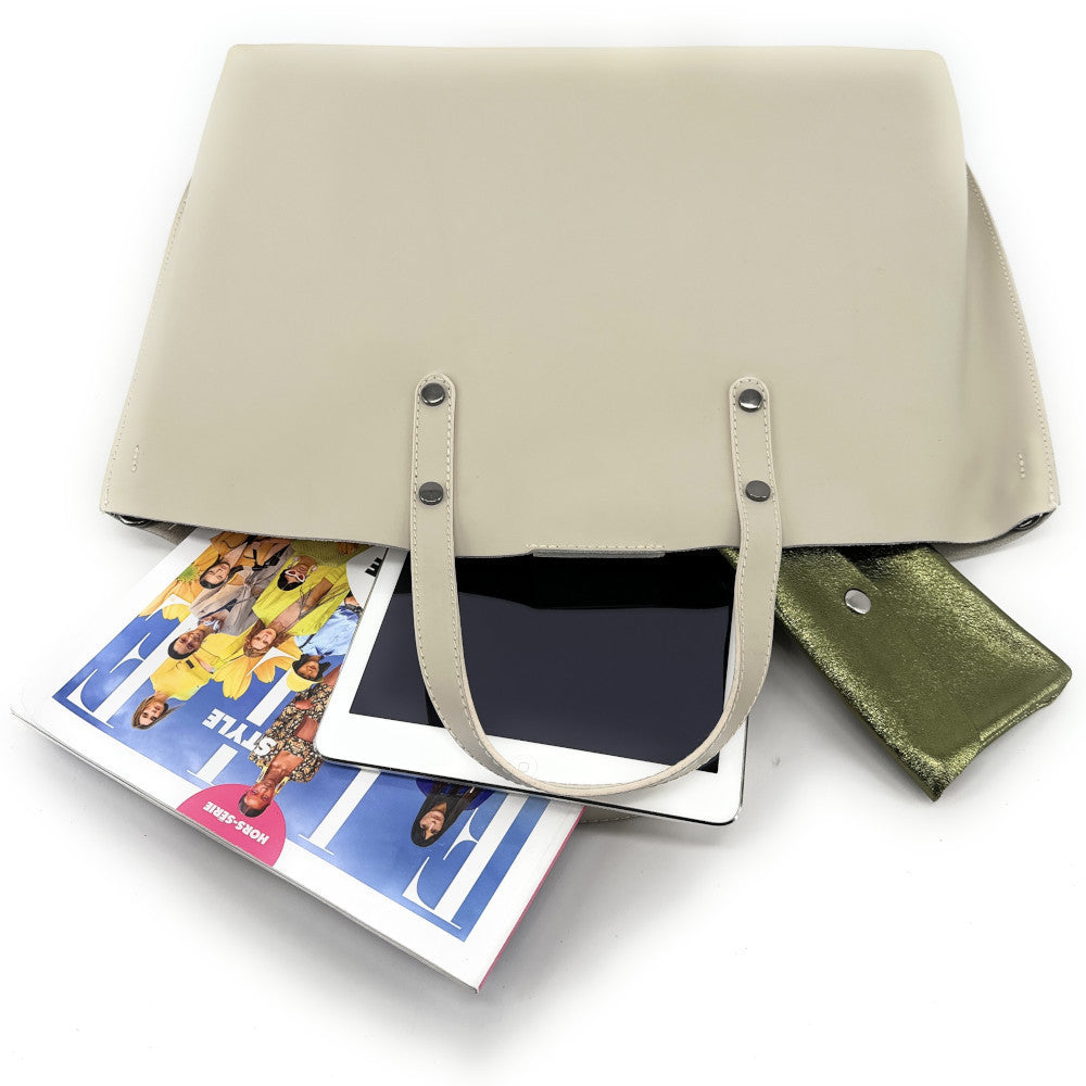 Grand sac à main en cuir glacé CHANTILLY Taupe clair