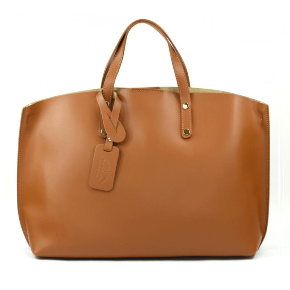 Grand sac à main en cuir glacé CHANTILLY Cognac foncé
