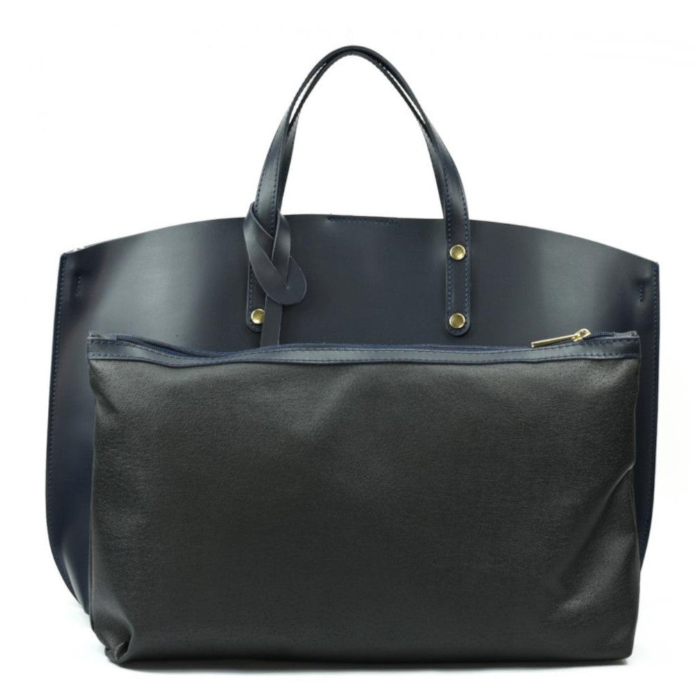 Grand sac à main en cuir glacé CHANTILLY Bleu marine