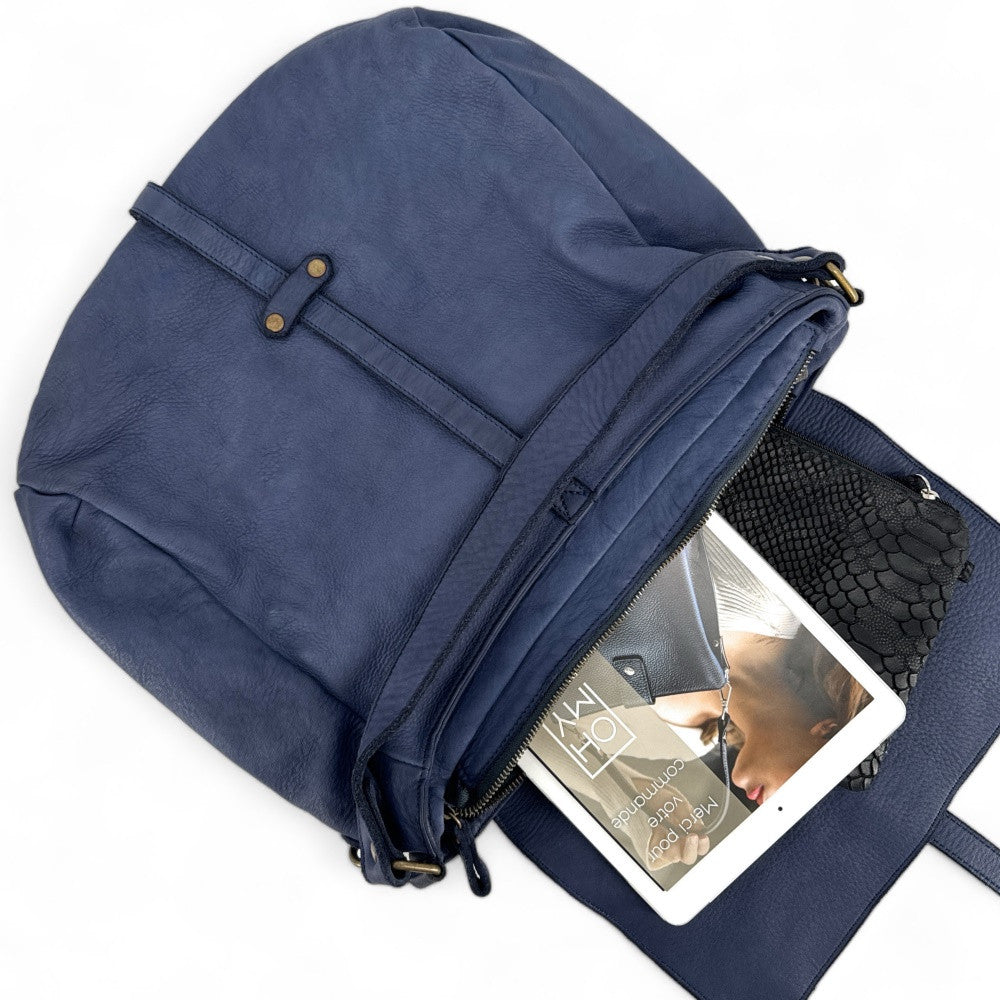 Sac messager en cuir vintage MISS CODY Bleu profond
