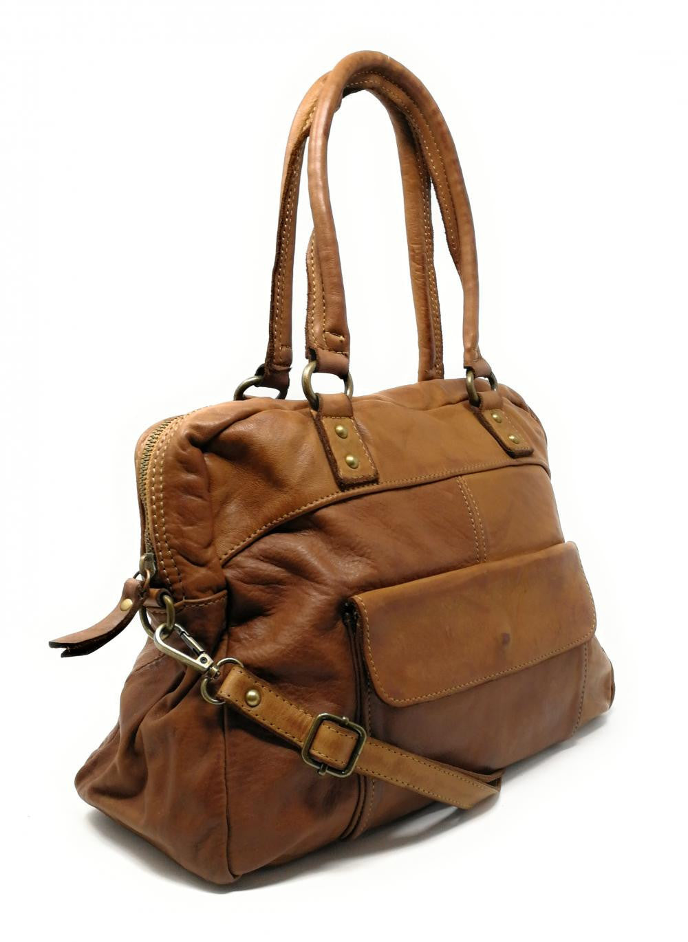 Sac bowling en cuir vintage MISS ERICA Camel foncé