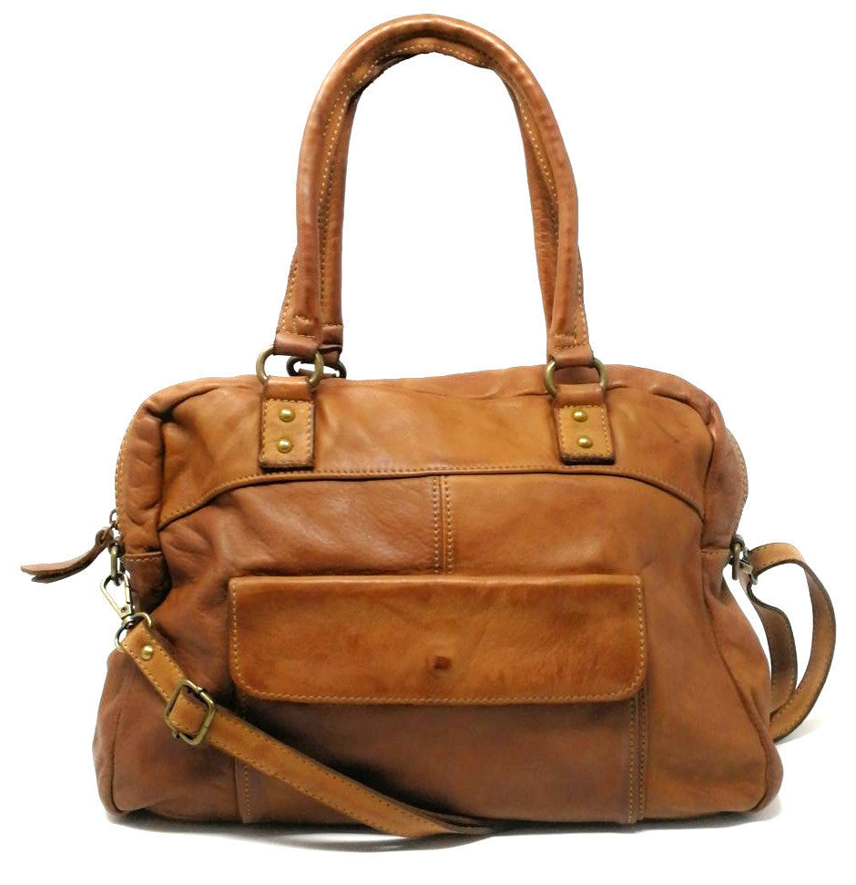Sac bowling en cuir vintage MISS ERICA Camel foncé