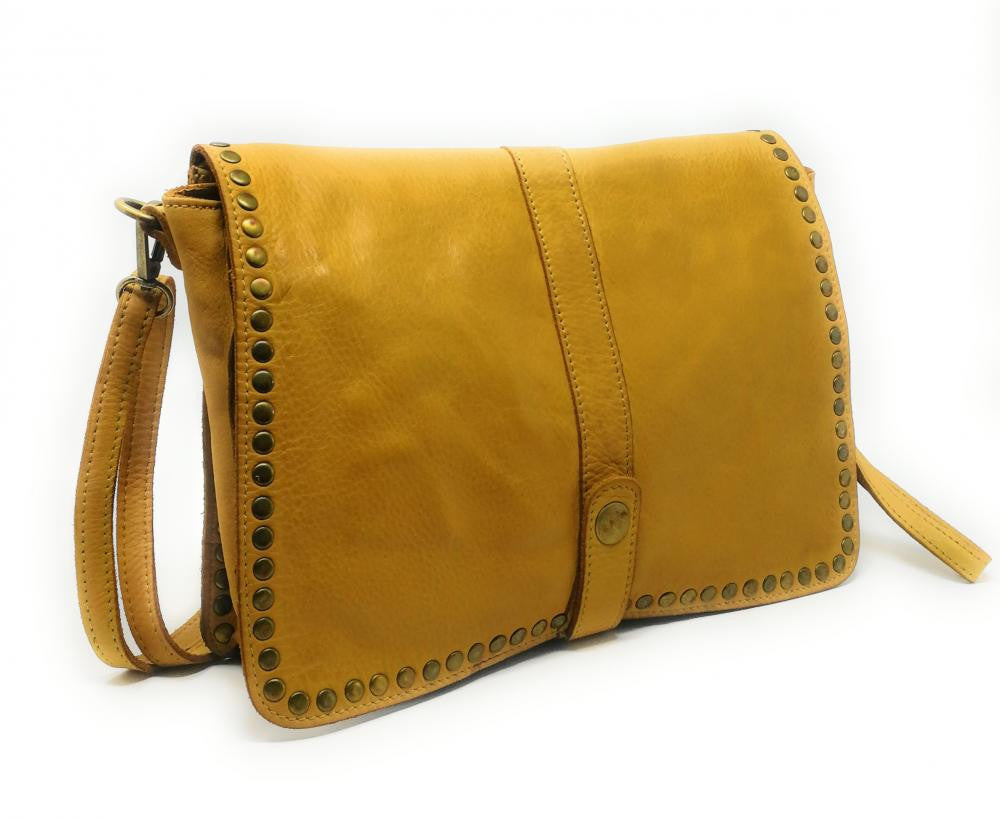Sac besace à bandoulière en cuir vintage MISS K Jaune Moutarde