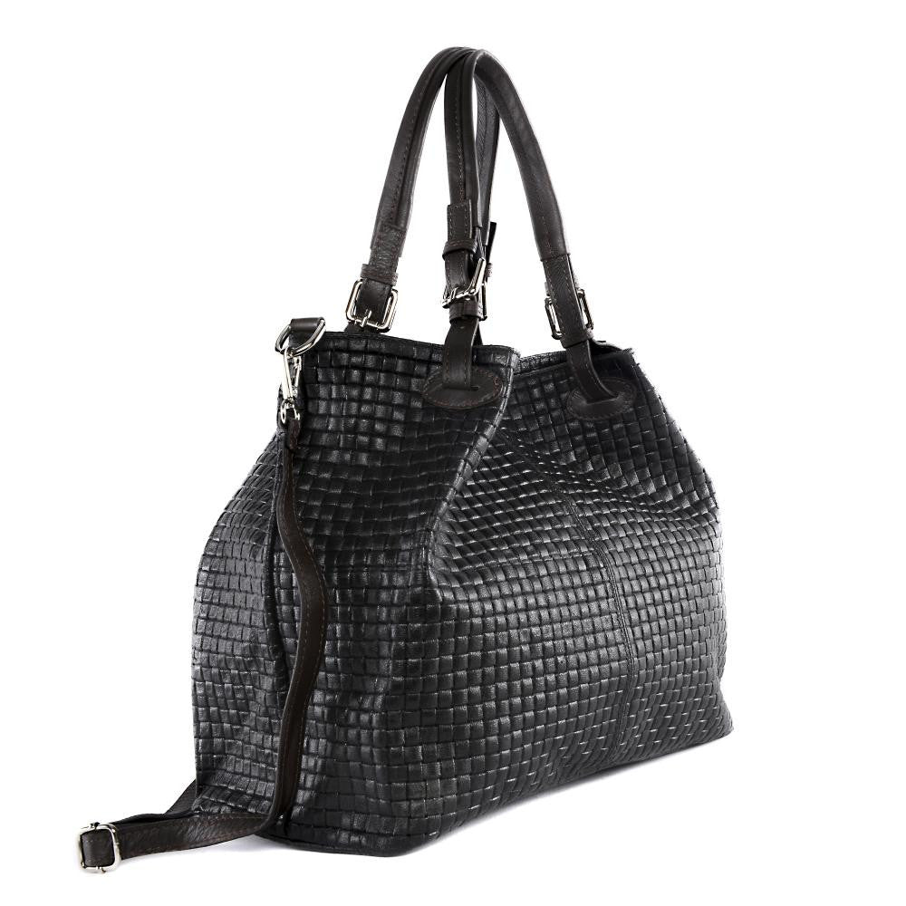 Sac à main en cuir italien embossé tressage MALLARME Noir profond