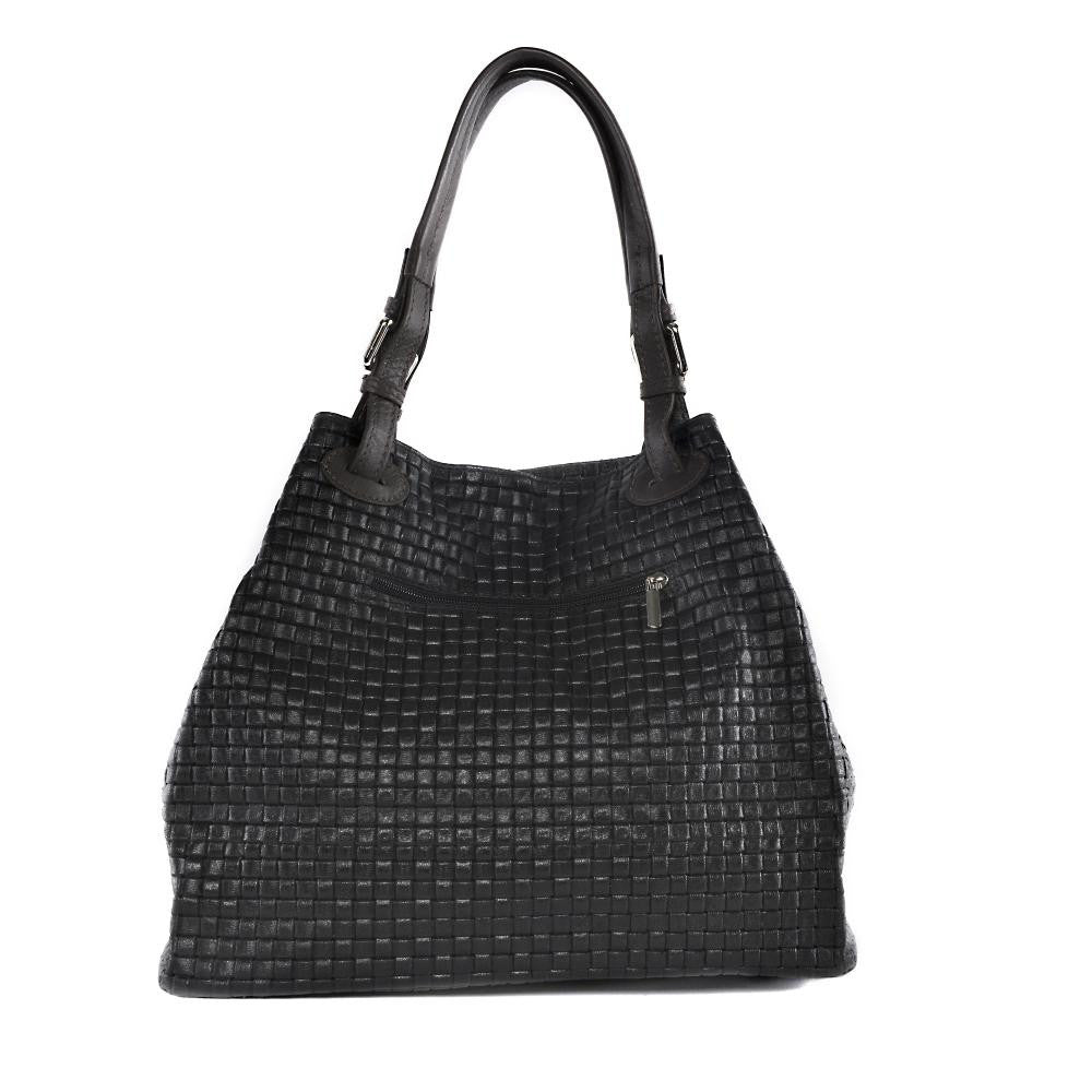 Sac à main en cuir italien embossé tressage MALLARME Noir profond