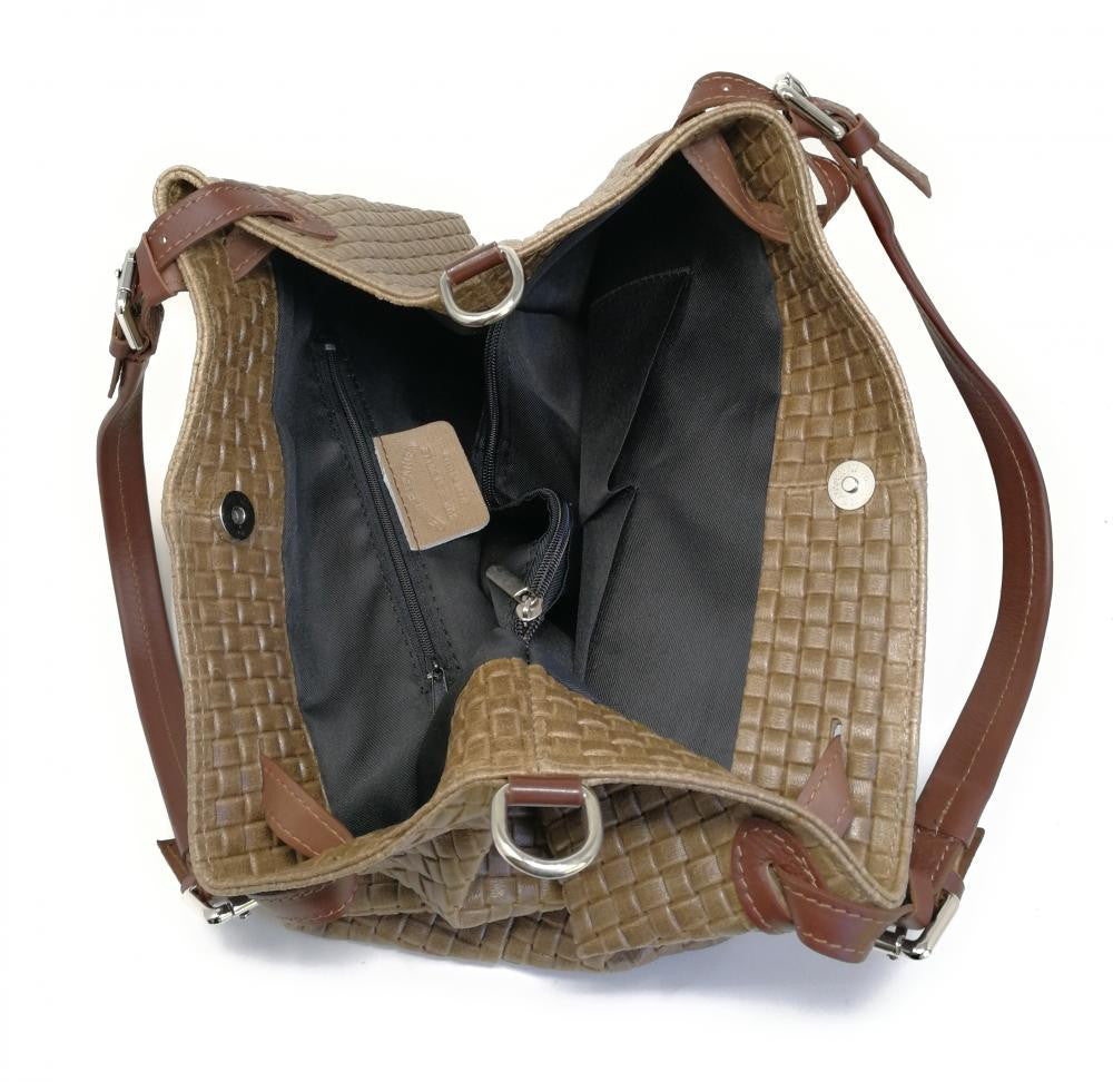 Sac à main en cuir italien embossé tressage MALLARME Taupe foncé