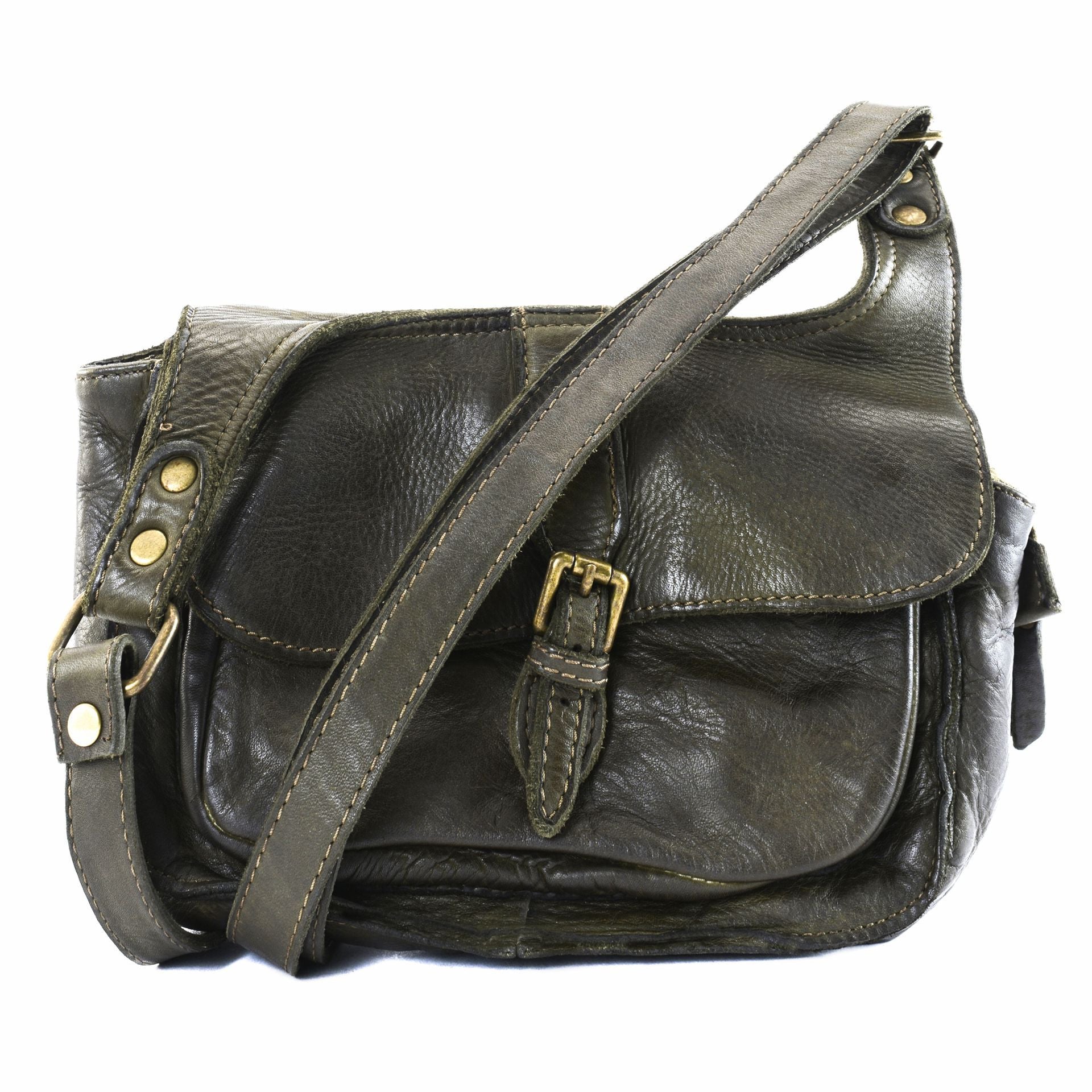 Sac besace en cuir vintage VALLEY Kaki foncé