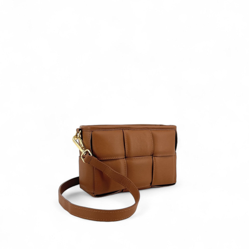 Sac à main boxy en cuir lisse tressé HALMA Camel foncé