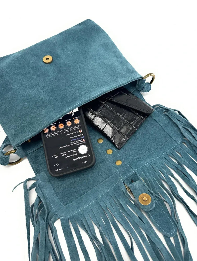 Sac à main en croûte de cuir PARAISO Bleu paon