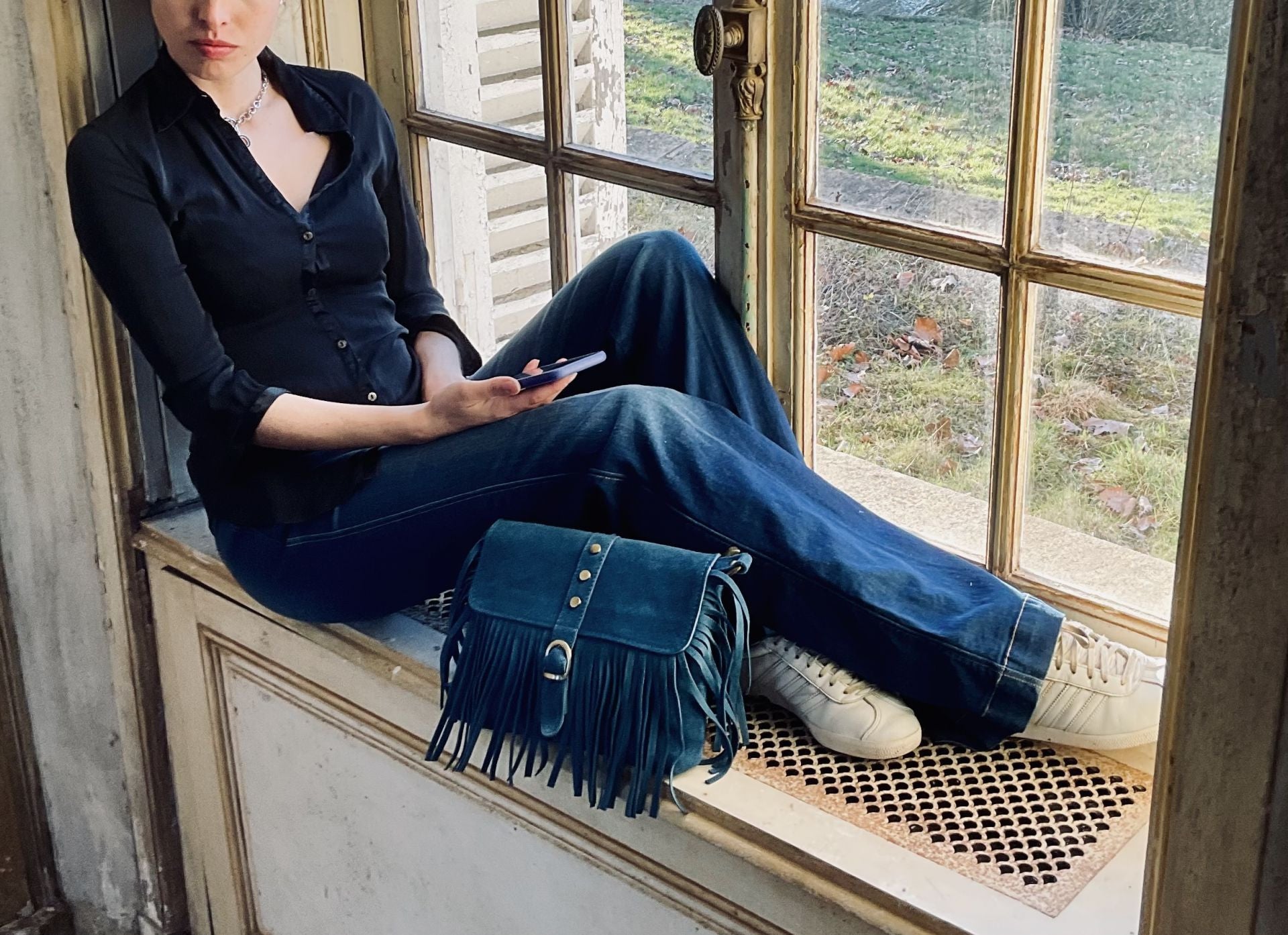 Sac à main en croûte de cuir PARAISO Bleu