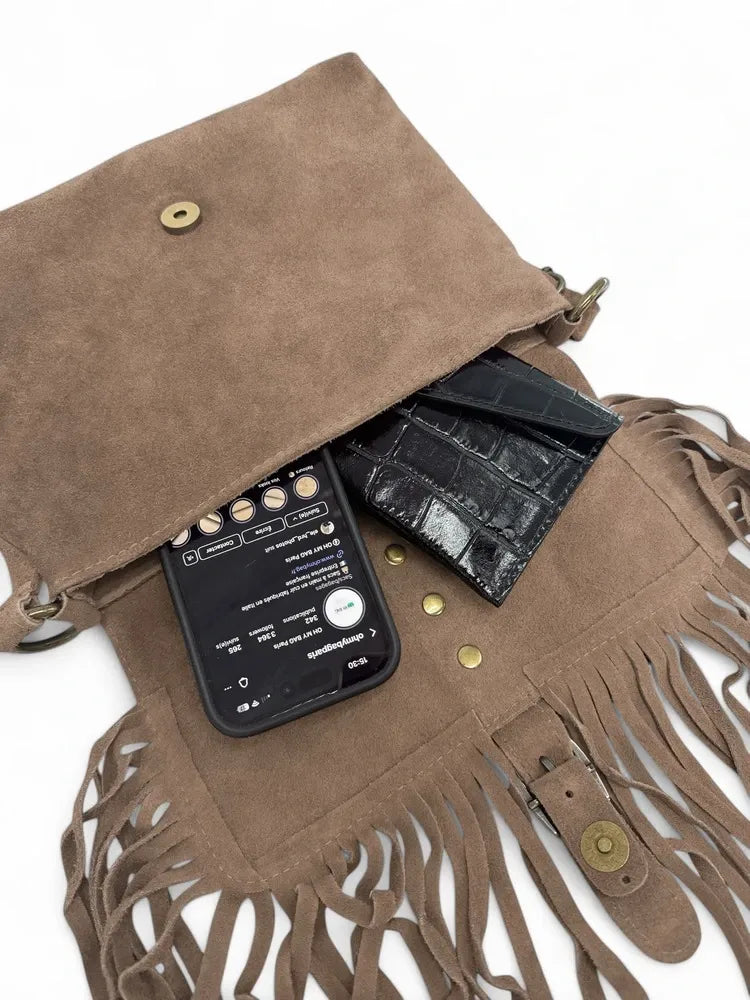 Sac à main en croûte de cuir PARAISO Taupe foncé