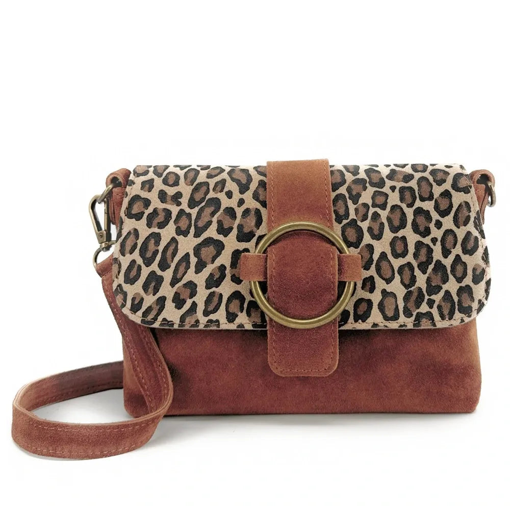 Sac à main en croûte de cuir imprimé léopard VERONE SUEDE LEO Rouge brique