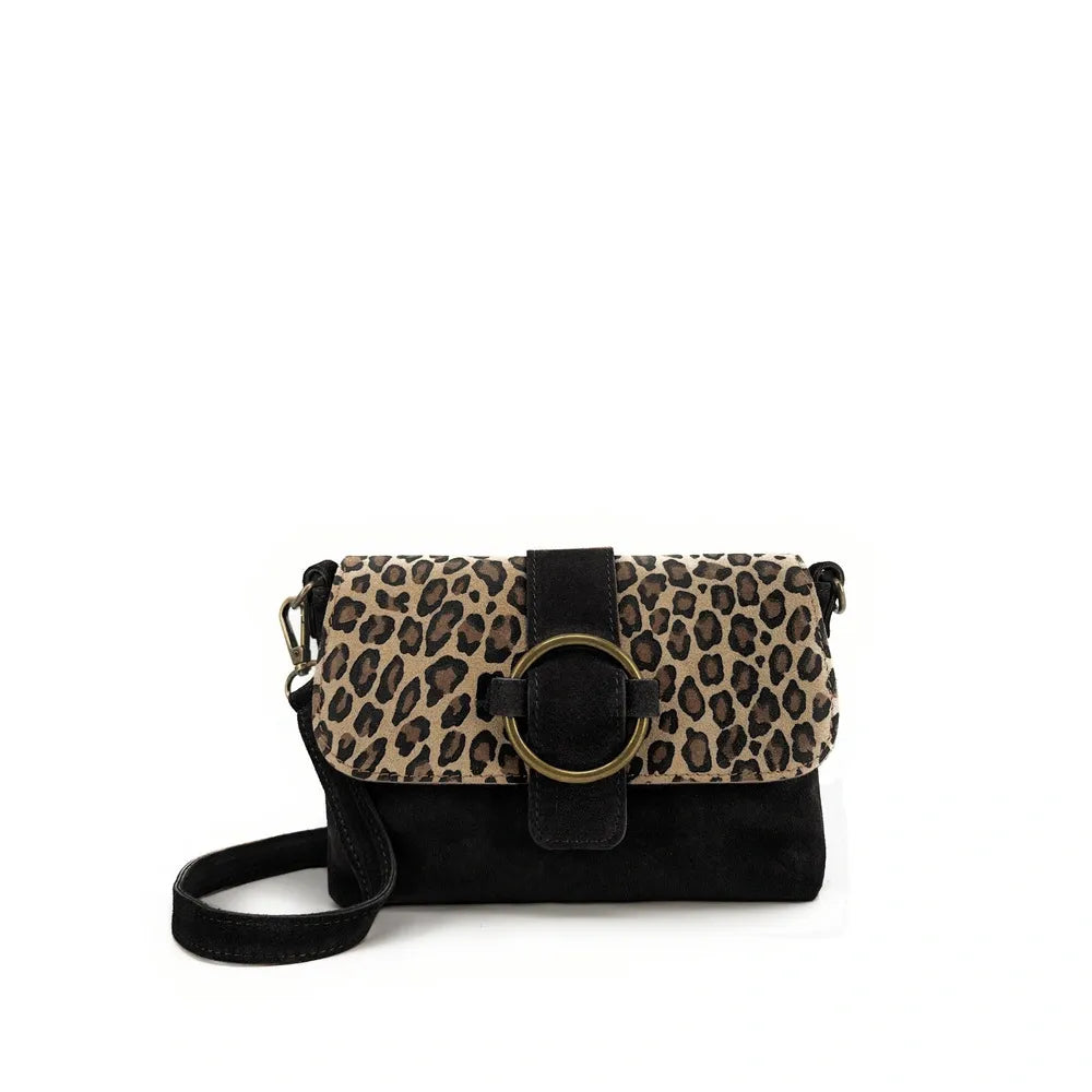 Sac à main en croûte de cuir imprimé léopard VERONE SUEDE LEO Noir