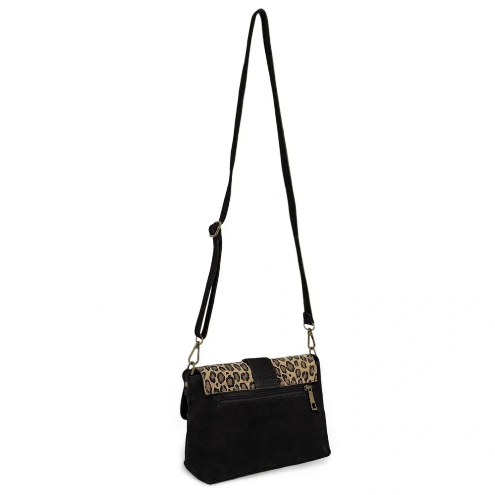 Sac à main en croûte de cuir imprimé léopard VERONE SUEDE LEO Noir