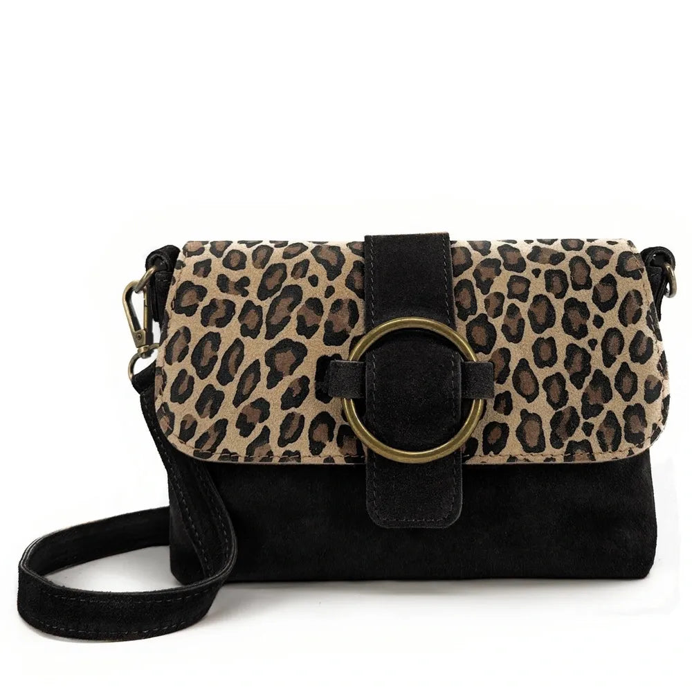 Sac à main en croûte de cuir imprimé léopard VERONE SUEDE LEO Noir
