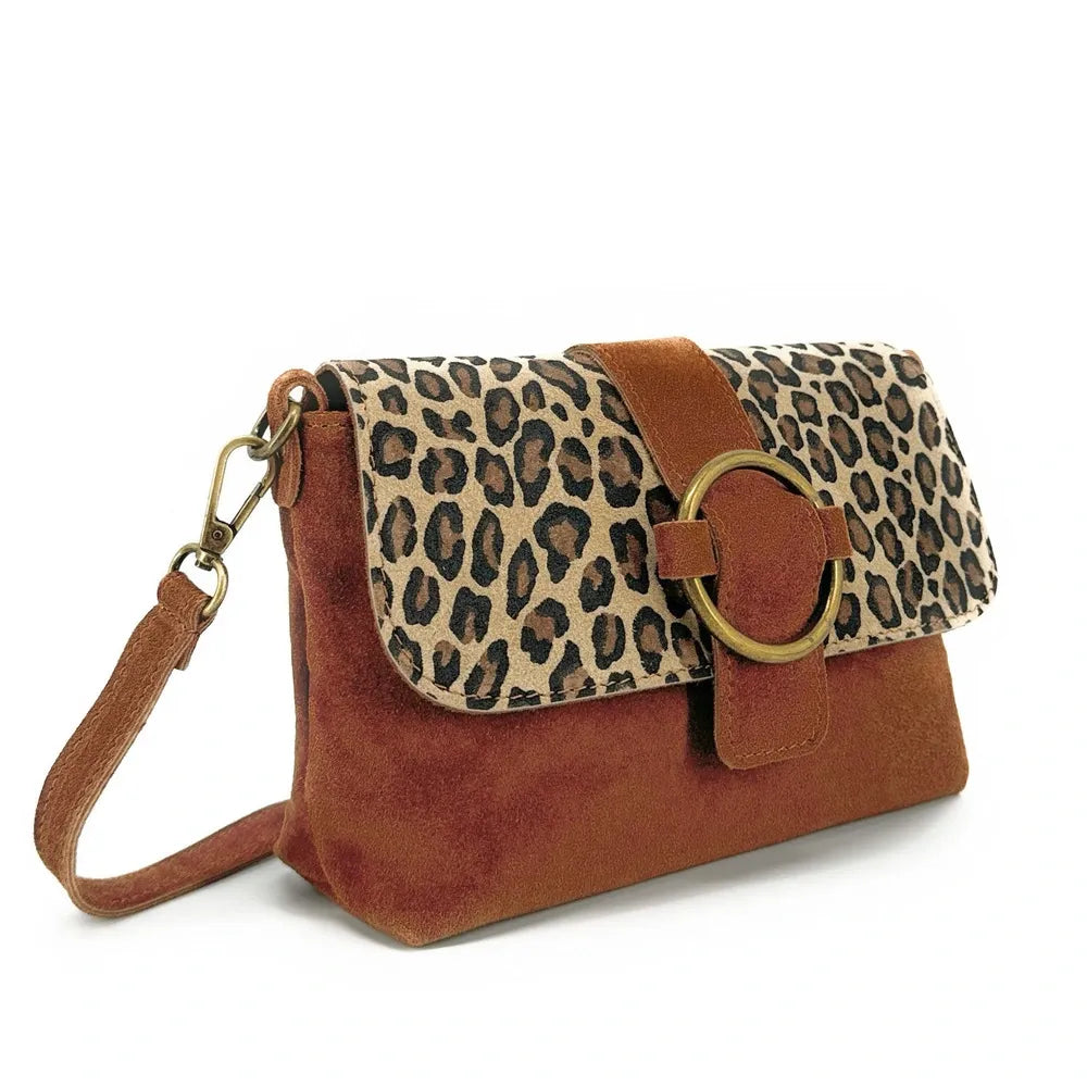 Sac à main en croûte de cuir imprimé léopard VERONE SUEDE LEO Rouge brique