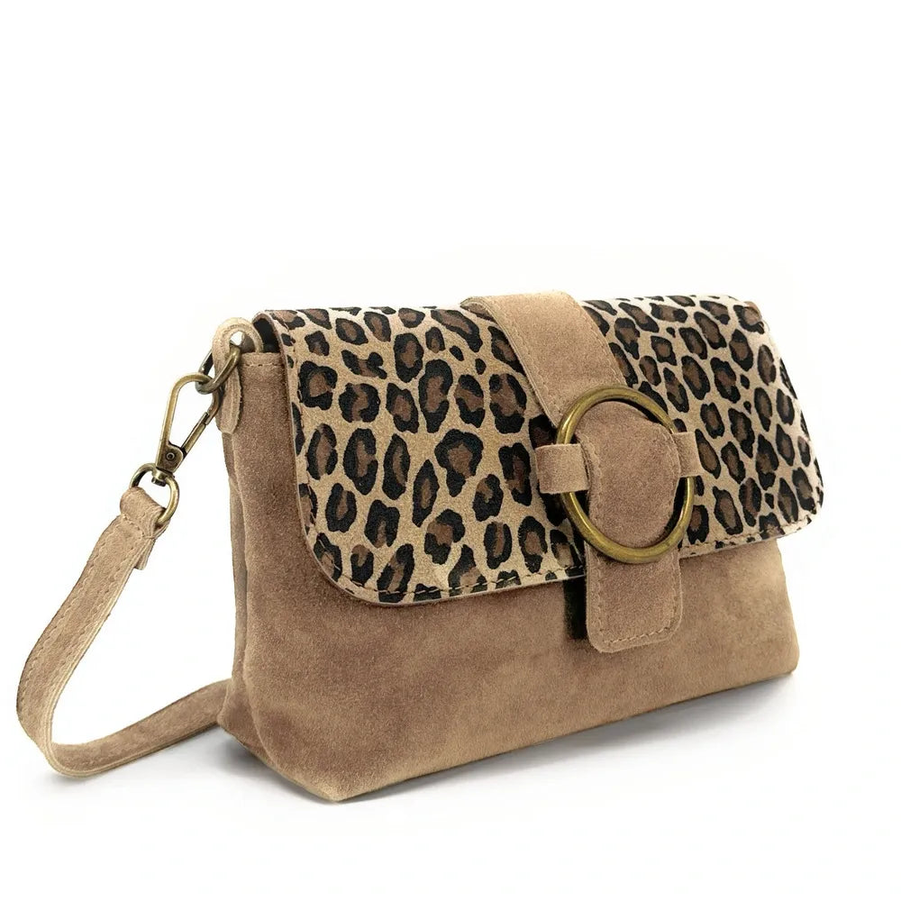 Sac à main en croûte de cuir imprimé léopard VERONE SUEDE LEO Taupe