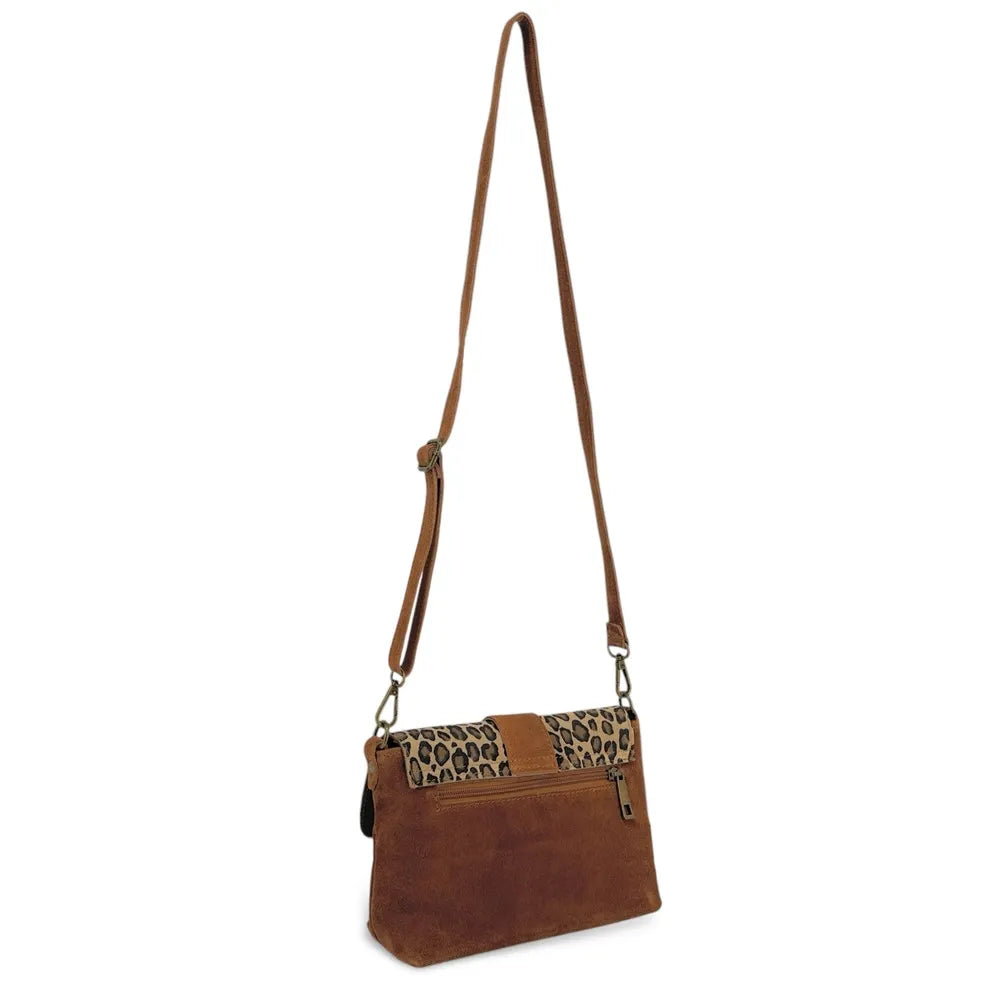 Sac à main en croûte de cuir imprimé léopard VERONE SUEDE LEO Camel